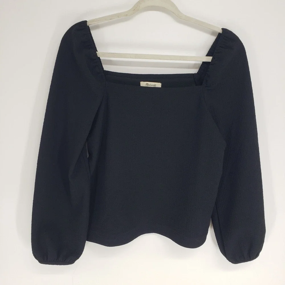Madewell Crepe Square Neck Puff Sleeve Top Women Size S Black Textured Blouse